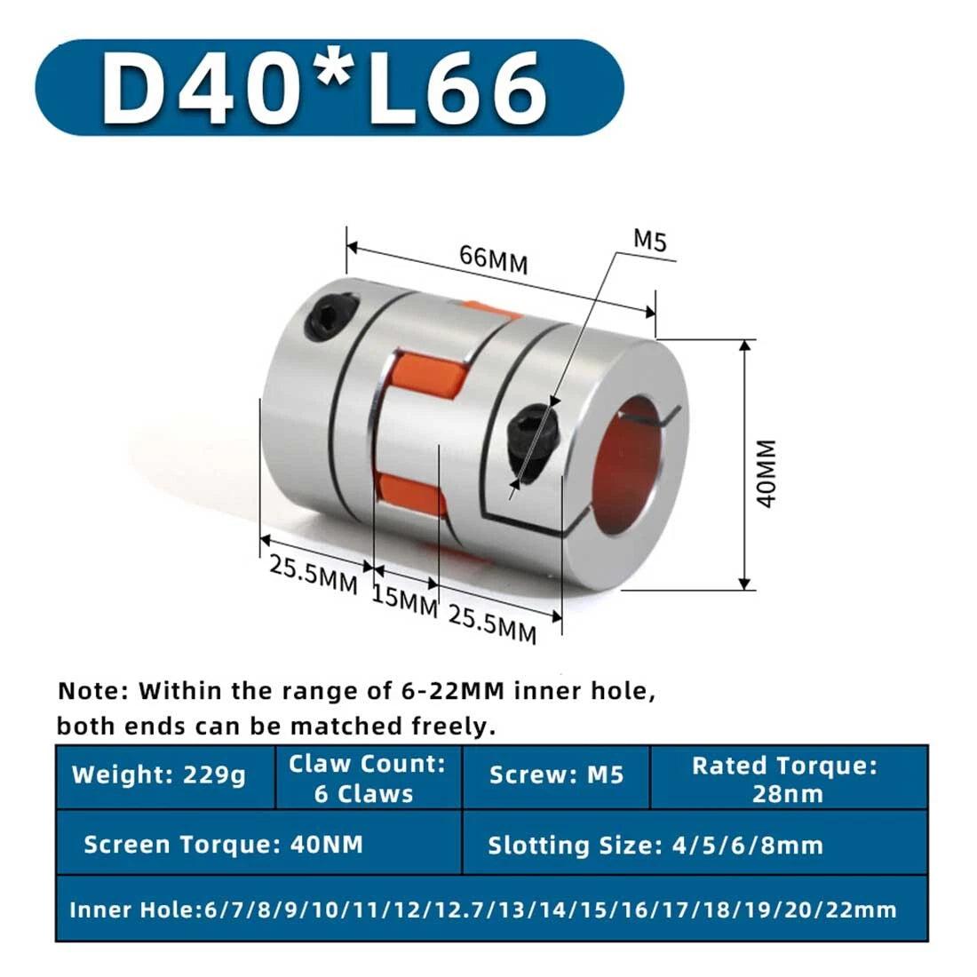 D40L66 Aluminum Flexible Beam Helical/Spider Shaft Stepper CNC Motor Coupling