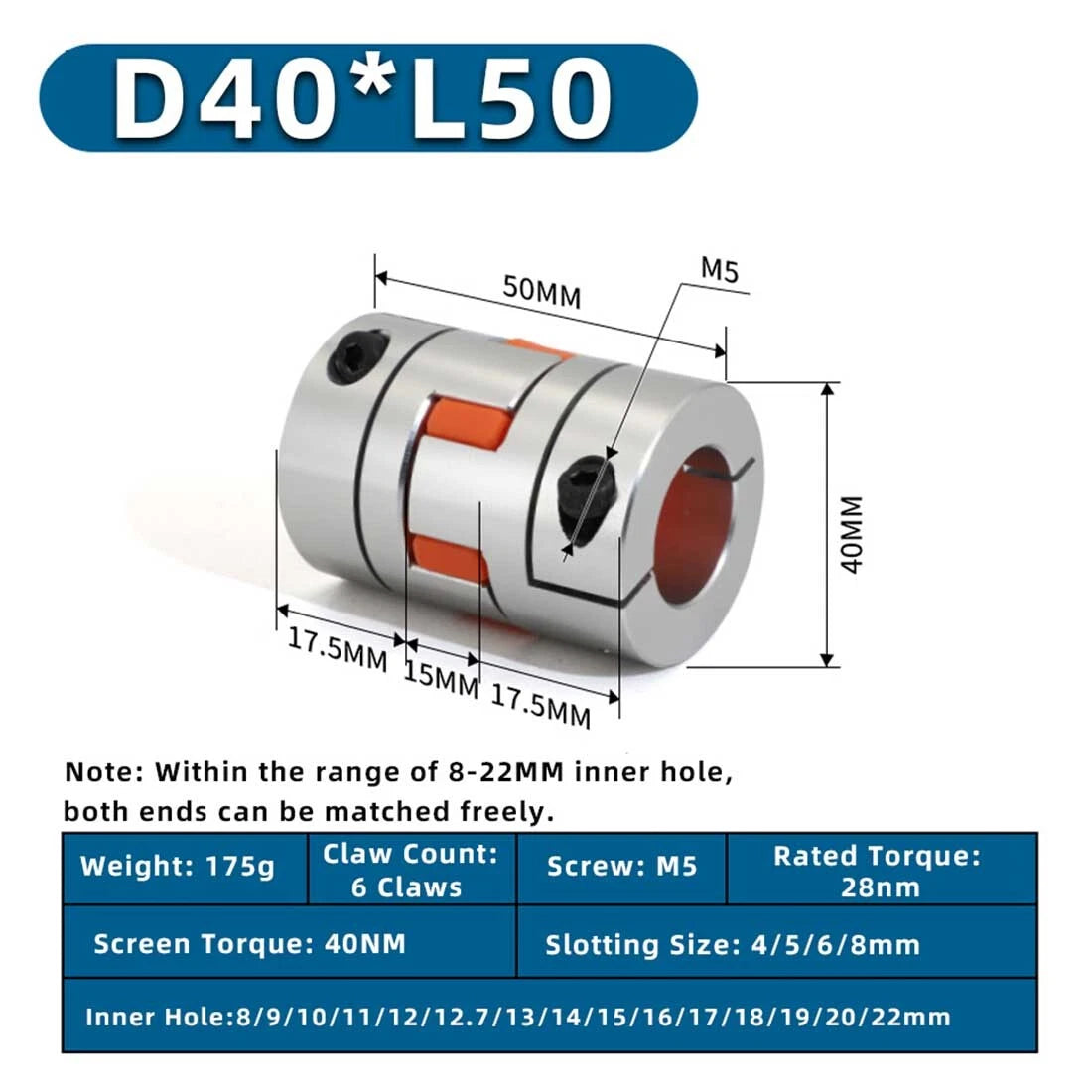 D40 L50mm Flexible Spider Shaft Coupling CNC Stepper Motor Coupler Hole 6mm~22mm