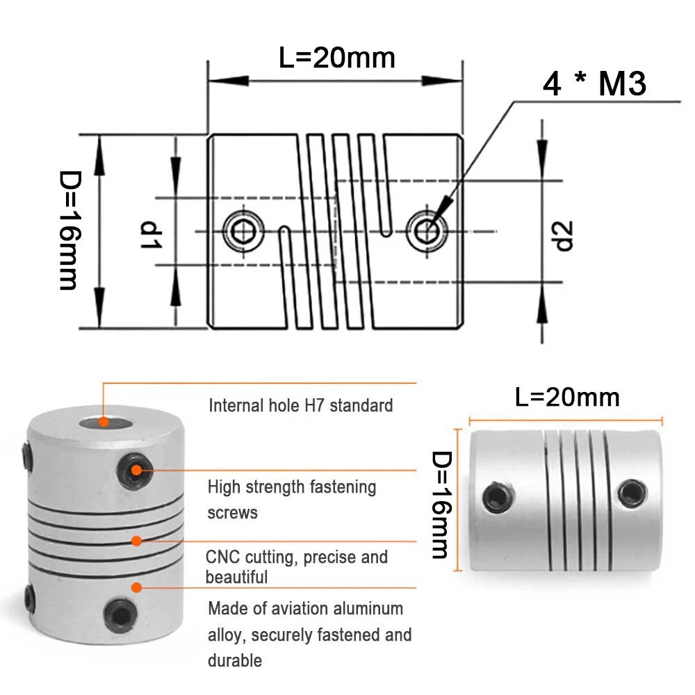 D16L20 Flexible Shaft Coupling CNC Stepper Motor Coupler Connector 2-6.35mm New