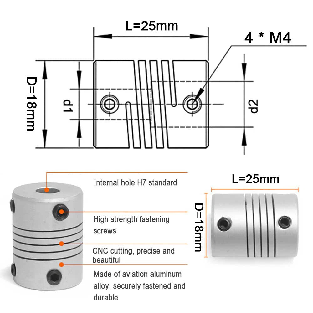 D18*L25 Flexible Shaft Coupling Rigid CNC Motor Coupler 3D Printer 3/4/5/6/7/8mm