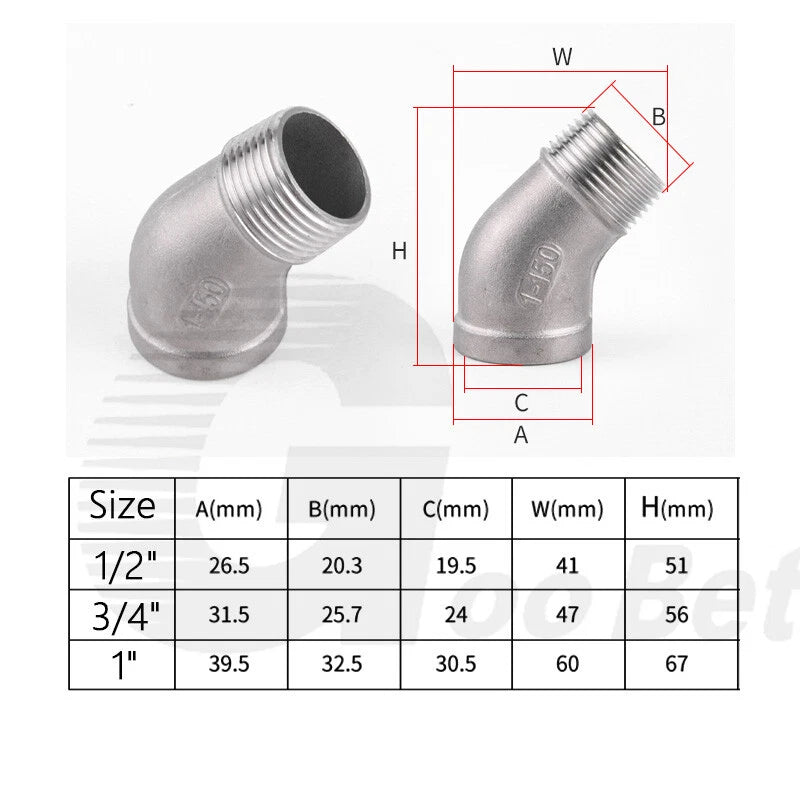 Stainless Steel 45° Elbow Pipe Fitting | 1/4"-2" BSP Male Female Thread | 304 SS Equal Elbow