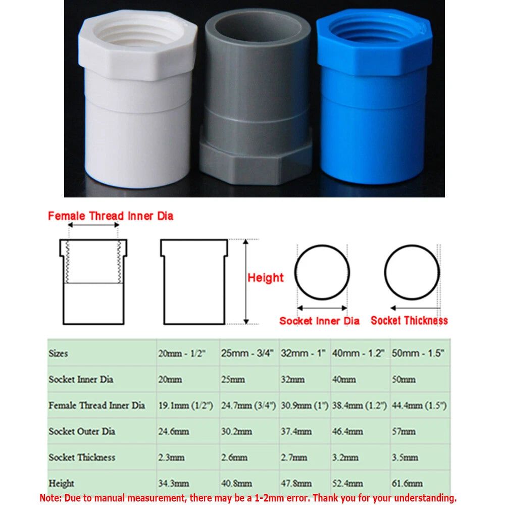 PVC Water Supply Pipe BSP Threaded Fittings Adapter Joint Various Sizes - 3Color