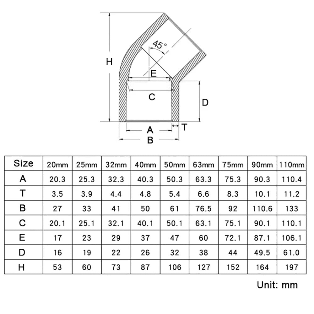 Black PVC Pipe 45° Elbow Plumbing Fittings Connector Coupling Water 20-110mm