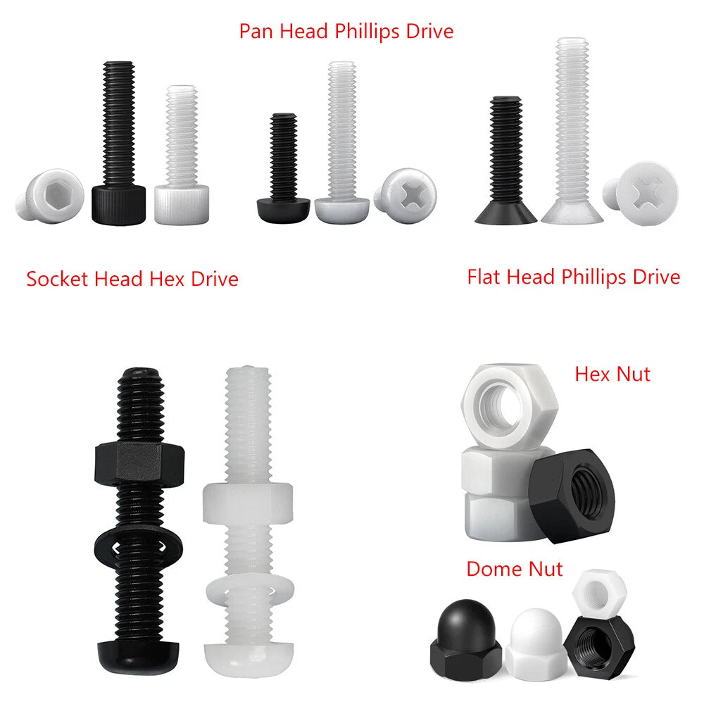 Nylon Plastic Phillips & Hex Machine Screws – M8 M10 M12, Pan / Flat / Cap Head, with Nuts & Washers