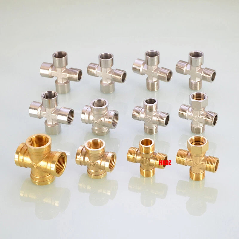 Brass 4-Way Cross Pipe Fitting — 1/2" & 3/4" Male or Female Thread, Water Air Gas