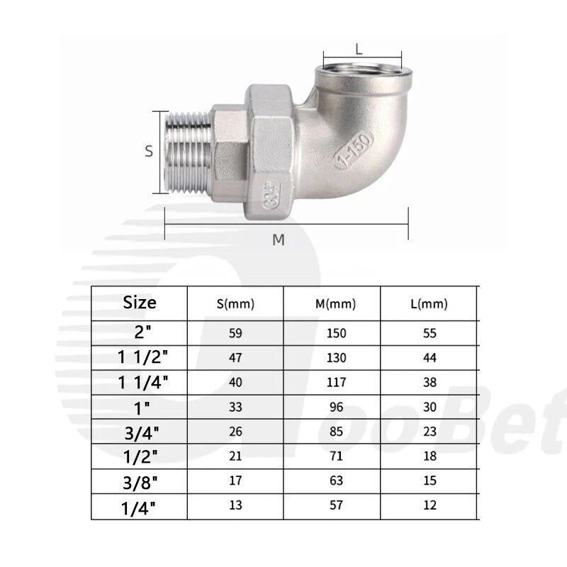 304 Stainless Steel 90° Union Elbow BSP 1/4"–2" Male Female Pipe Fitting Adapter