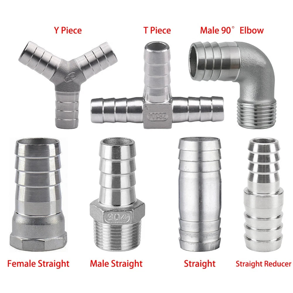 304 Stainless Steel Hose Barb Fittings — Taper Thread x Hose Tail Connectors