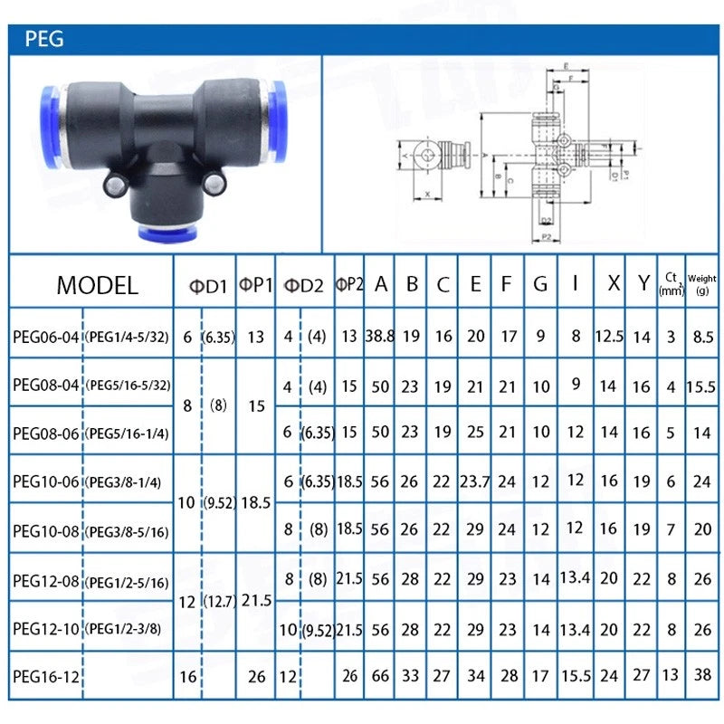 Reducer Tee Push-In Fittings for Pneumatic Air Tube — 4 to 16mm