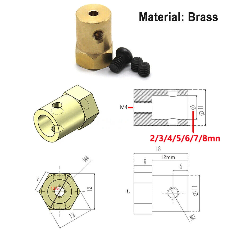 3-8mm Brass RC Car Wheels Shaft Motor Flexible Coupling Coupler Hex Connector