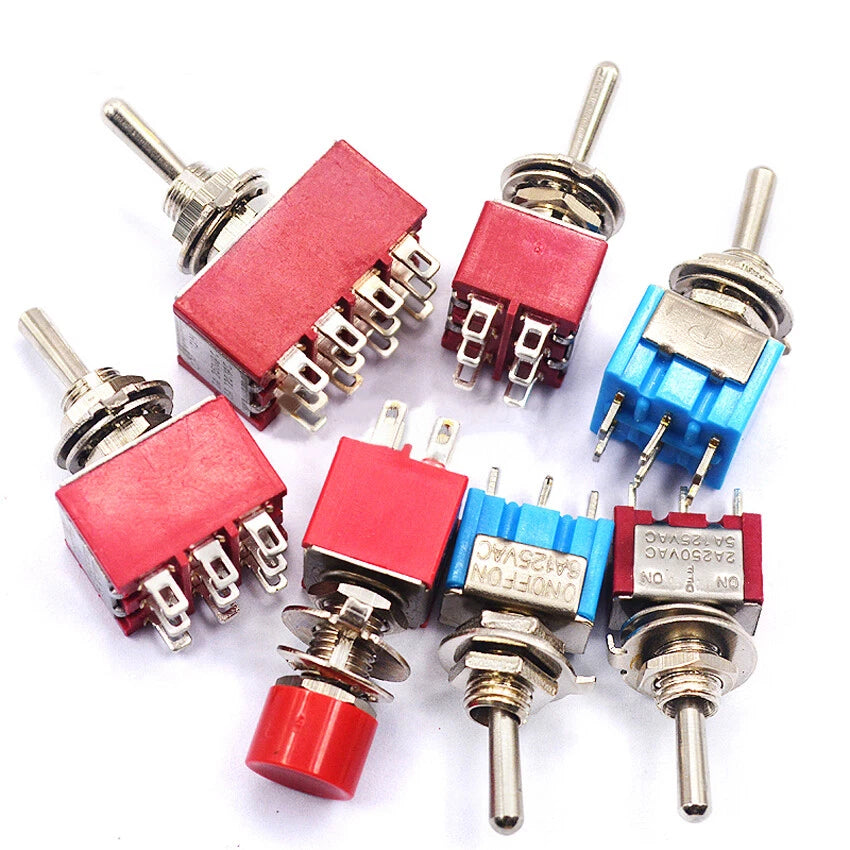 MTS & PS Series Mini Toggle Switch — 3/6/9/12 Pin, 2-Way/3-Way, Red & Blue