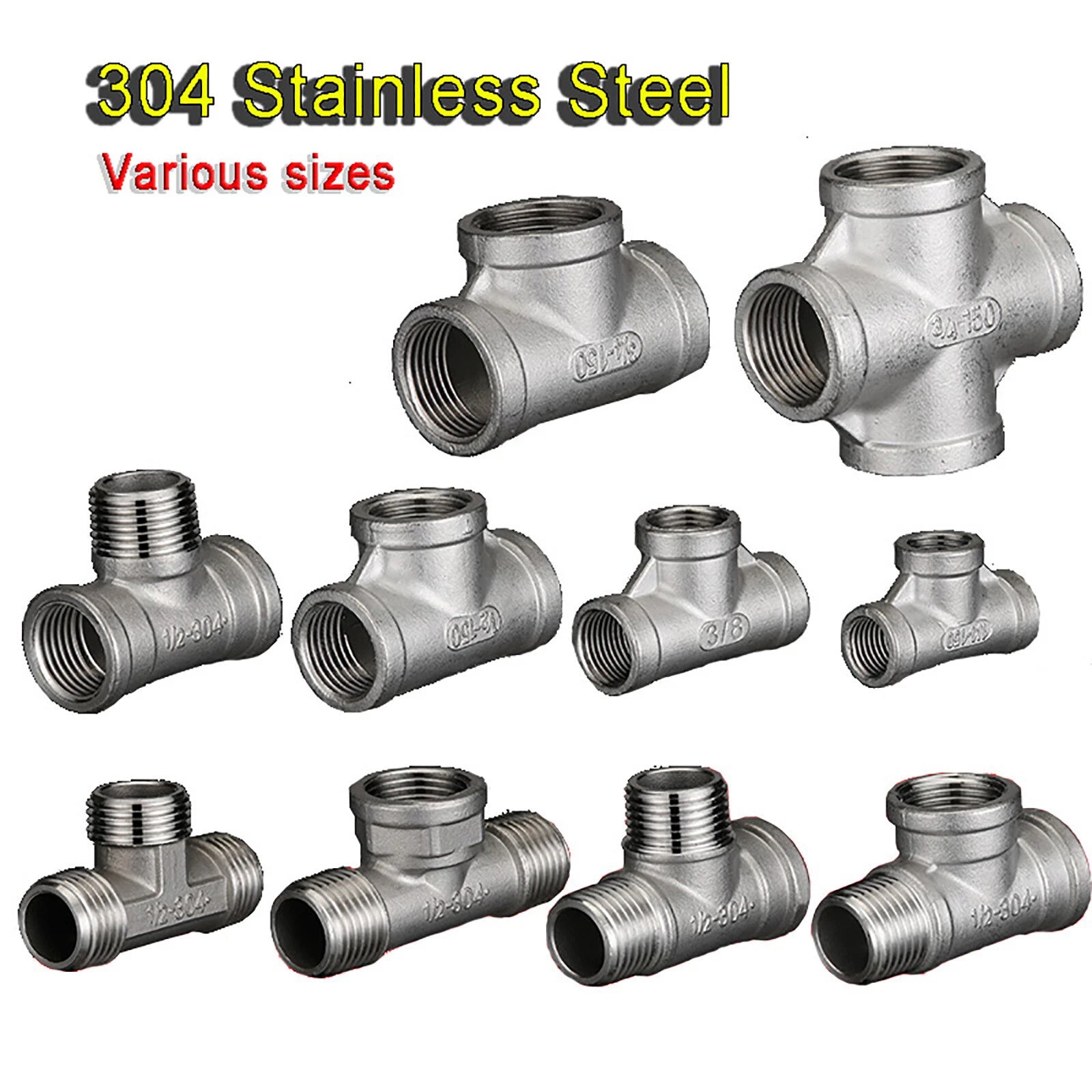 304 Stainless Steel BSP Tee & Cross Pipe Fittings — 1/8" to 2" | F&F&F, M&M&M, Reducer & Cross