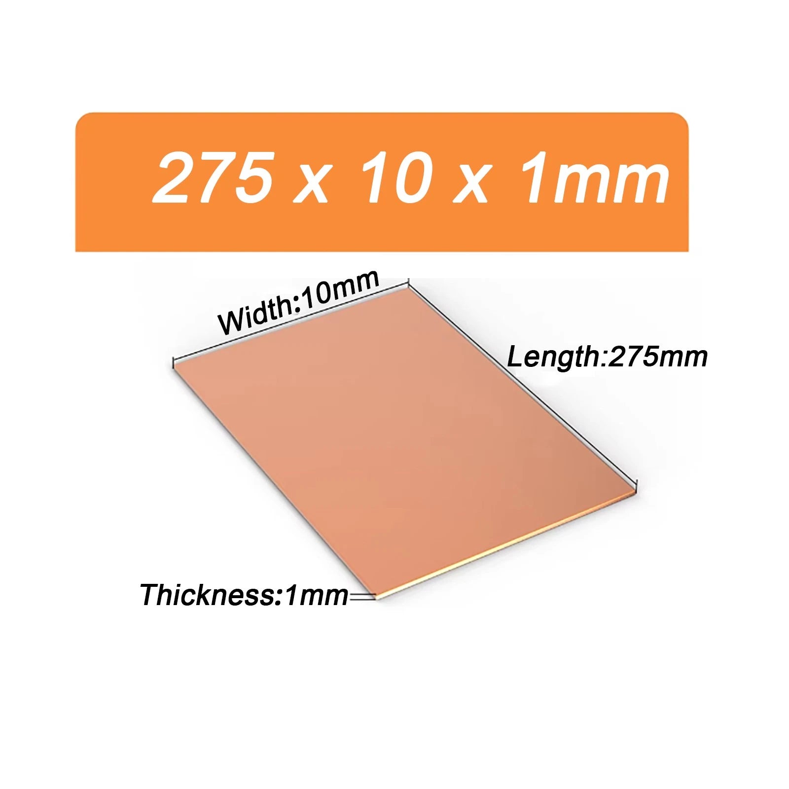 Size 275mm x 10mm x 1mm T2 Pure Copper Plate/Sheet Copper Block Laser Cut