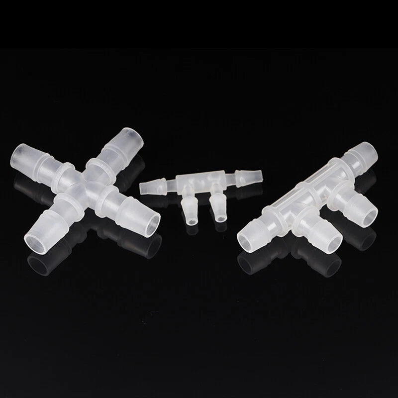 4-Way Plastic Hose Connector — Cross & Slant Equal Joint, OD 2.4mm–12.7mm