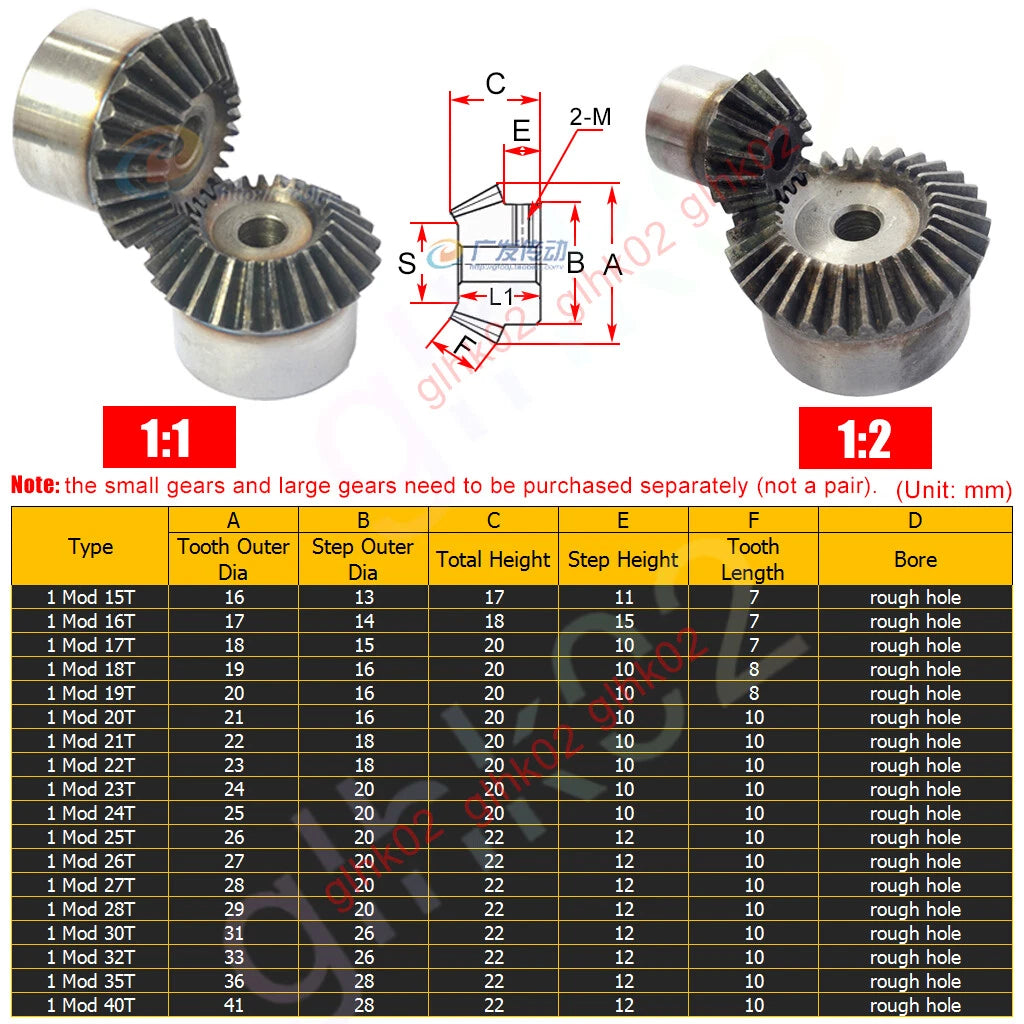 Bevel Gears 1 1.5 2 2.5 3 4 5 Mod 15-40 Teeth 45 Degree Bevels Carbon Steel Hard