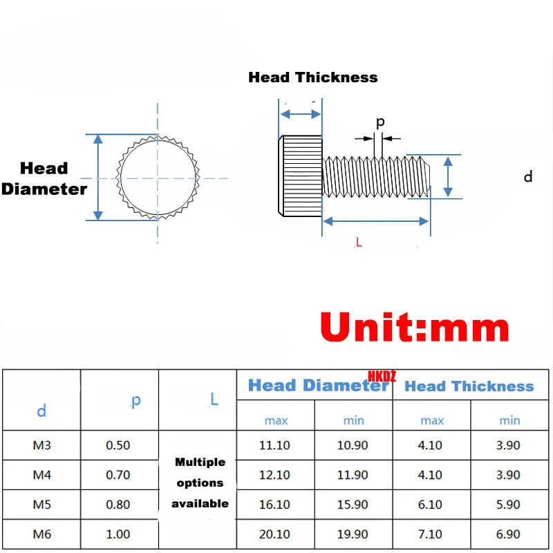 M3/M4 5mm to 20mm Flat Head Knurled Thumb Screws 303 Stainless Steel Hand Bolts