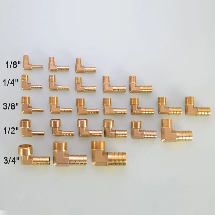 Brass BSP Male Elbow Barb Hose Tail Fittings — 1/8" to 3/4" × 6mm–25mm