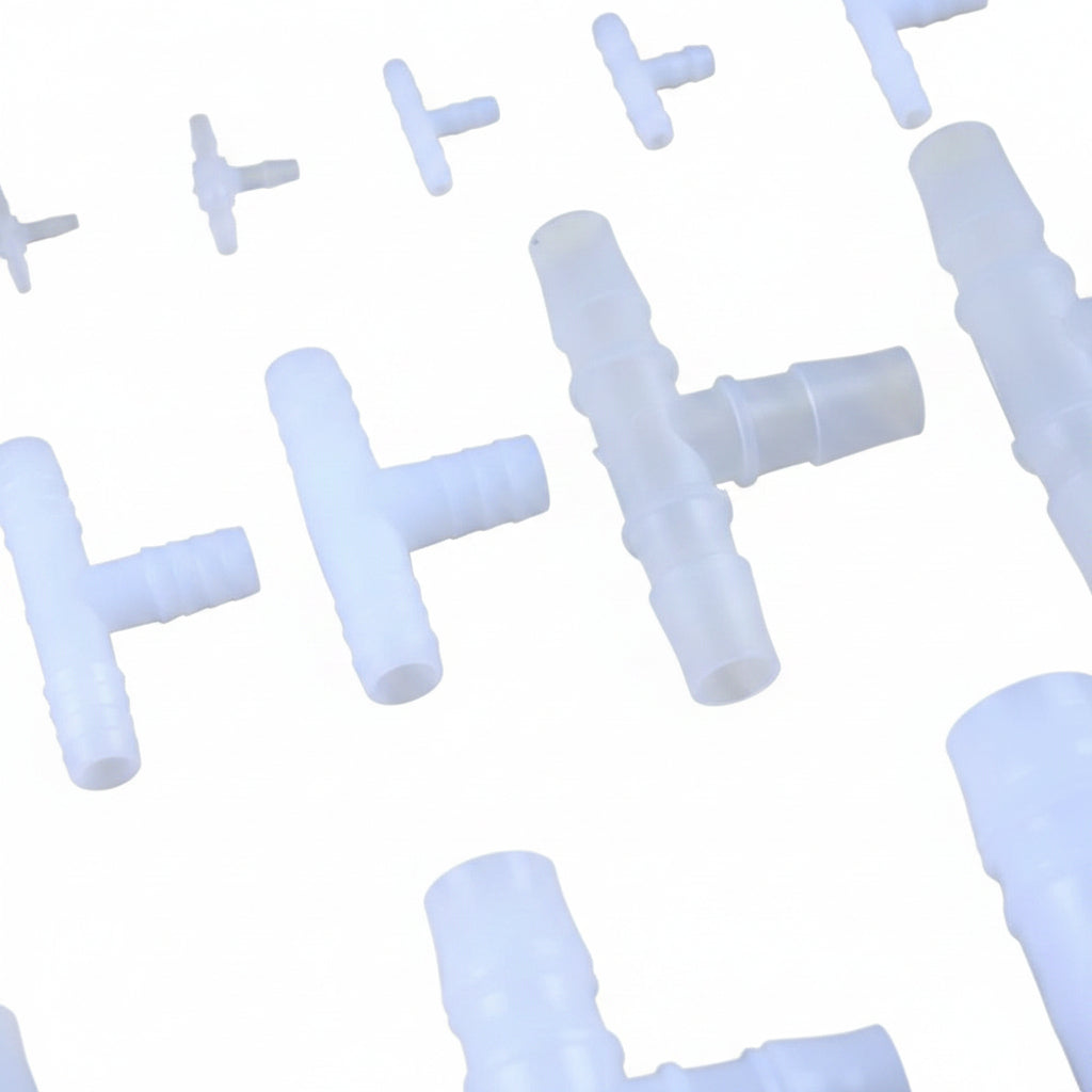 T-Shape 3-Way Barbed Hose Connector — Food Grade Plastic, Φ3.2mm to Φ25mm