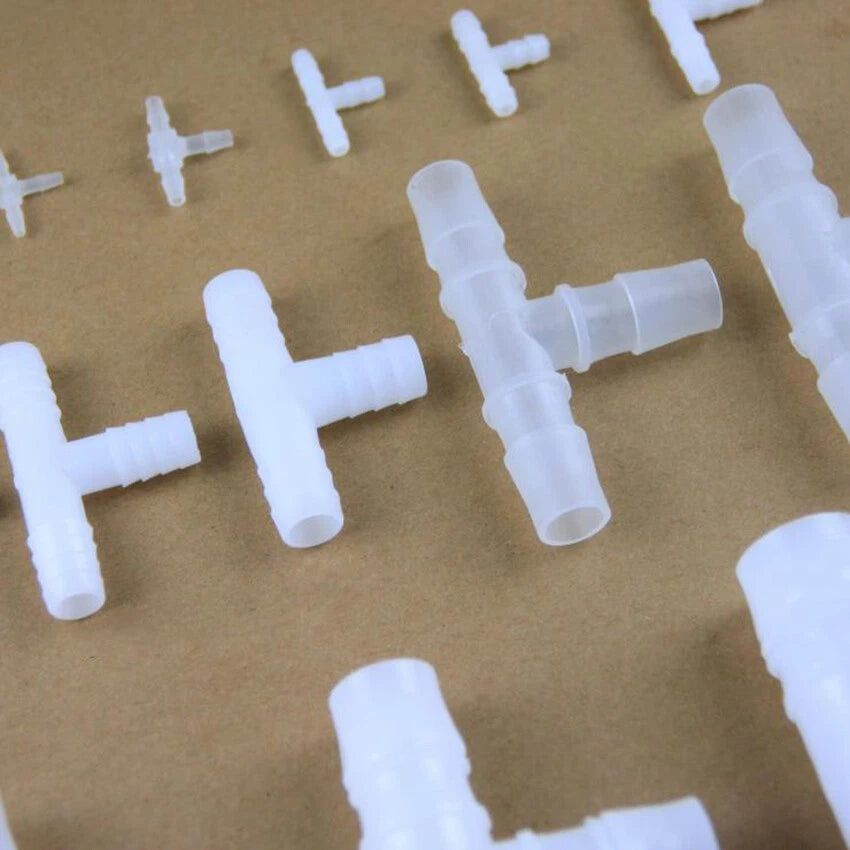 T-Shape 3-Way Barbed Hose Connector — Food Grade Plastic, Φ3.2mm to Φ25mm