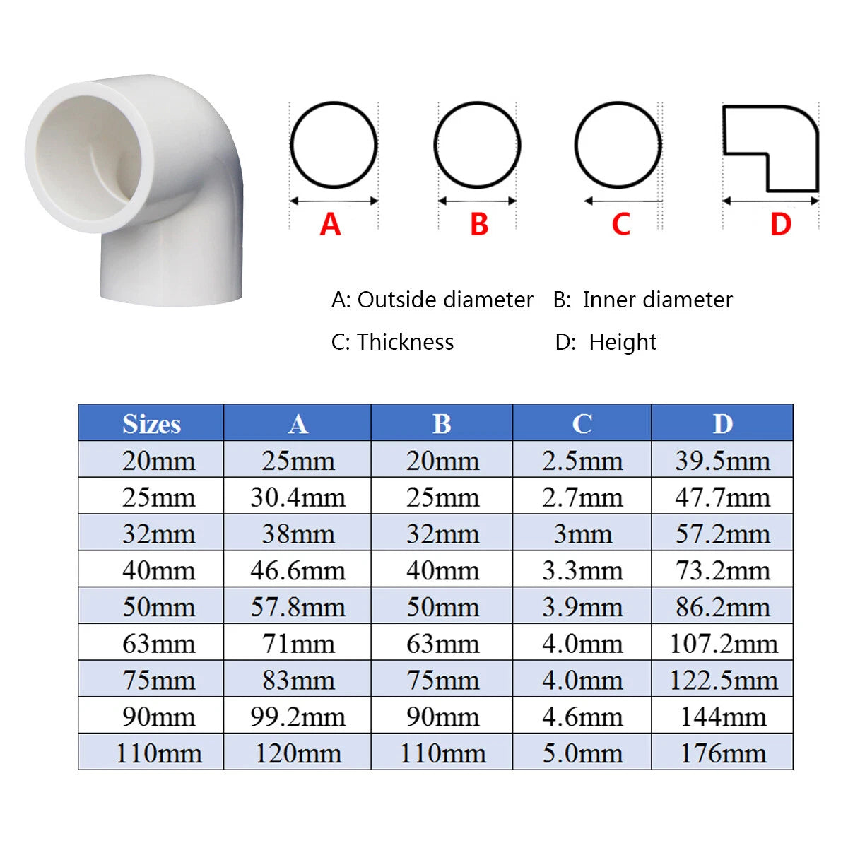 20-110mm PVC Plastic Pipe Fittings 90° Elbow Connector Sleeve Adhesive Coupling