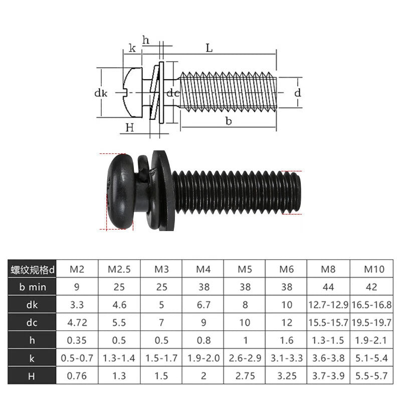 Black Zinc Pan Head Machine Screws with Washers, M2–M6 Pozi Phillips Drive