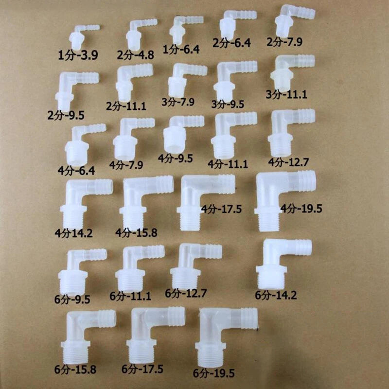 Plastic Male Thread Barbed 90° Elbow Hose Fitting — 1/8" to 3/4" NPT