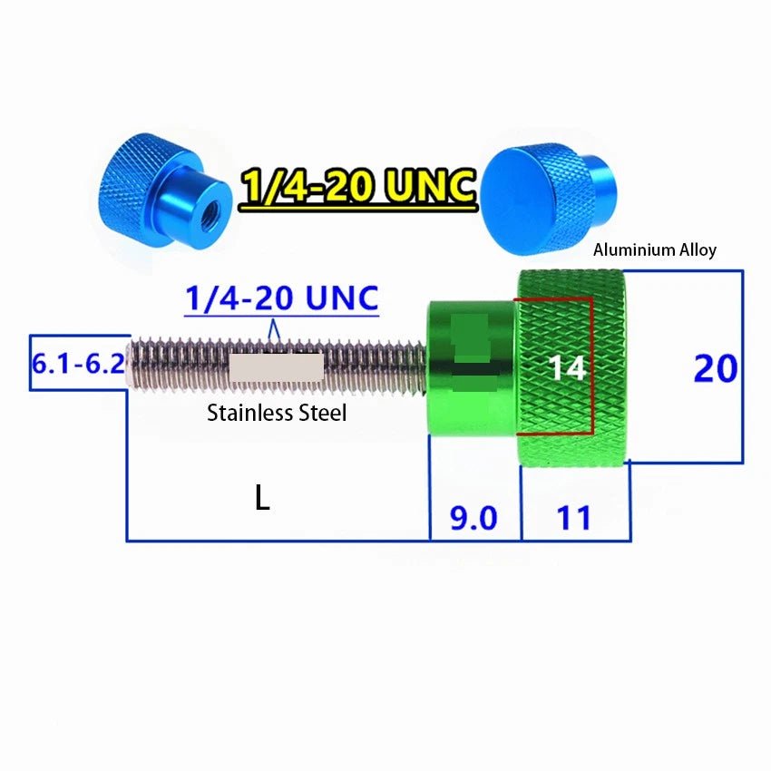 1/4" - 20 Knurled Thumb Screws – Aluminum High - Type Hand Grip Knob Bolt, L= 45–100mm, 10 Colors - HomeDIYer