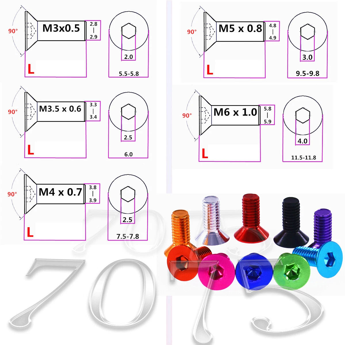 M3–M6 Aluminum 7075 Flat Head Allen Bolts – Color Anodized, 10mm Length, Fully Threaded