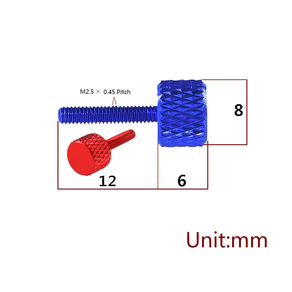 M2.5x12mm Aluminum Thumb Screws for PC Case — Knurled, Colored, Flat Head