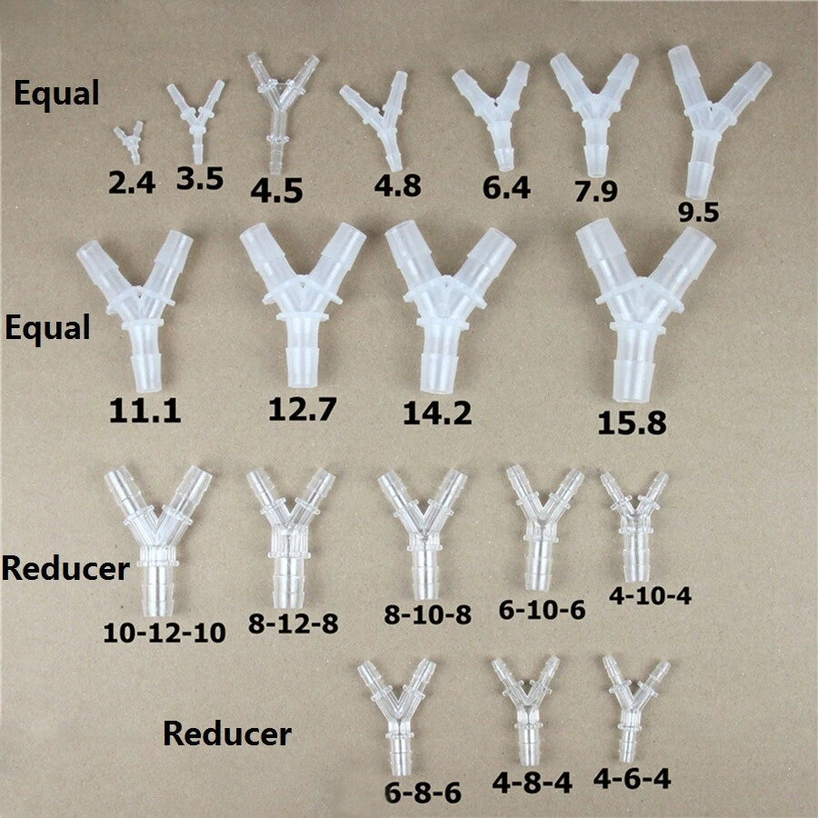 Plastic Barbed Hose Connectors — Elbow, T-Tee, Y-Tee & Cross Fittings for Aquarium & Washer Lines