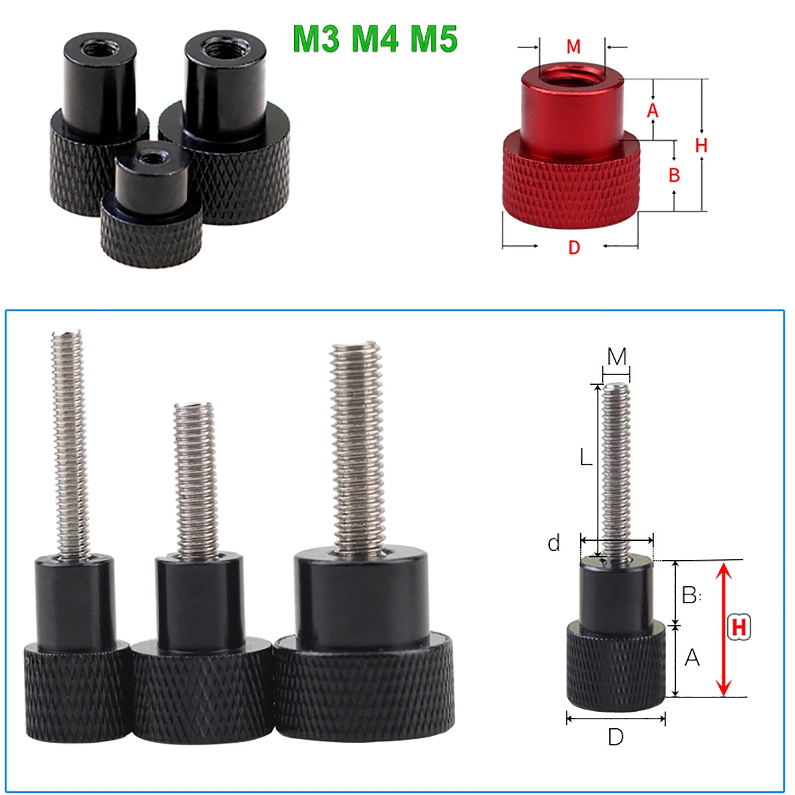 Black M3/4/5 Knurled Thumb Screws/ Nut Hand Grip Knob Bolt SS+Alu For Camera PC