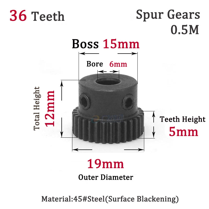 0.5M 36T Spur Gears Steel Pinion Gears Metal Spur Transmission Gear 45 Steel