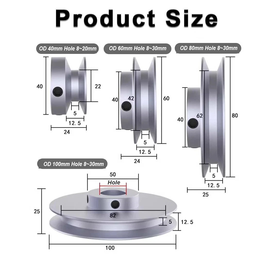 Aluminium Single-slot Belt Pulleys OD 40/50/60/80/100mm for A-type Triangle Belt