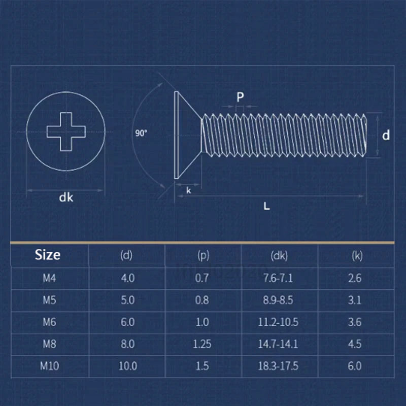 M4 M5 M6 M8 Countersunk Phillips Machine Screws – 304 Stainless Steel, Fully Threaded (Lengths Include Head)
