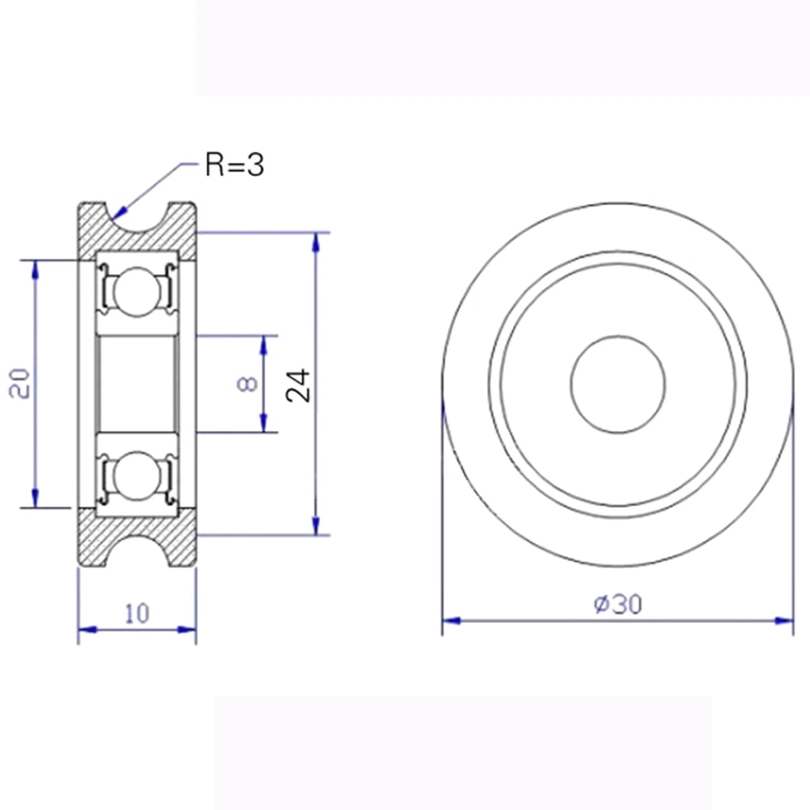 Round U Groove Nylon Pulley Guide Wheels Roller Ball Bearing Roller 8x30x10mm