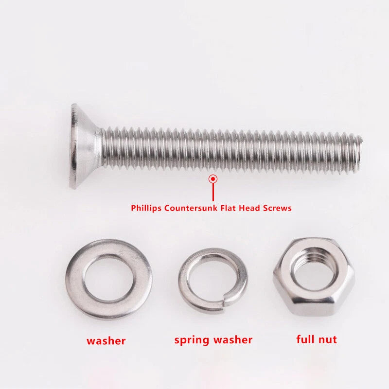 Phillips Machine Screws Countersunk Flat Head Bolts+Nuts Washers A2 Stainless