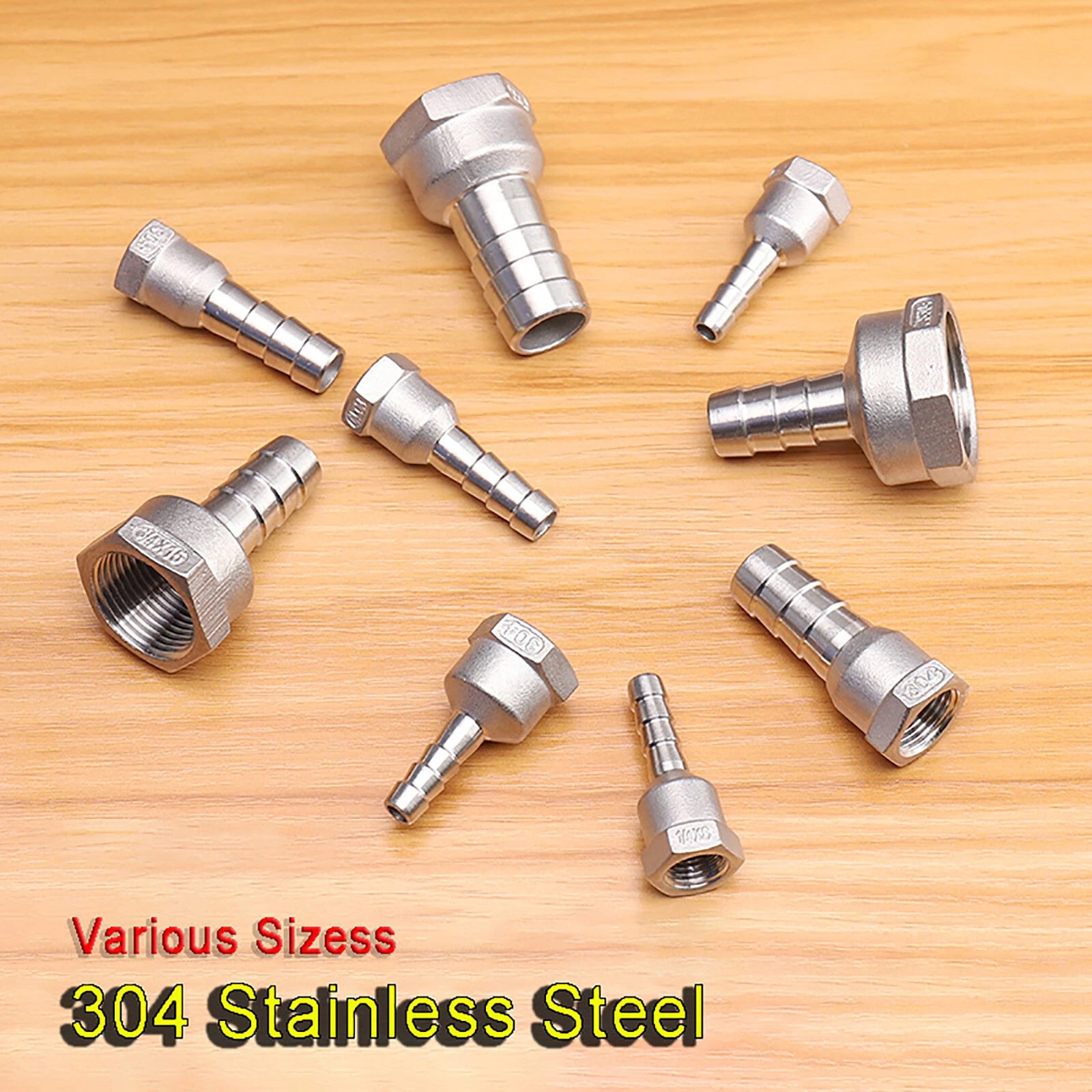 304 Stainless Steel Female NPT x Barb Hose Tail Connector — 1/4" to 1"
