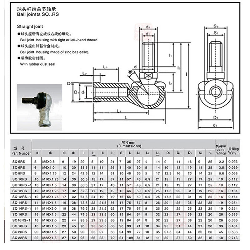 SQ Male-Female Thread Shape Ball Joint Rod End Bearings M5 - M22 Right Thread