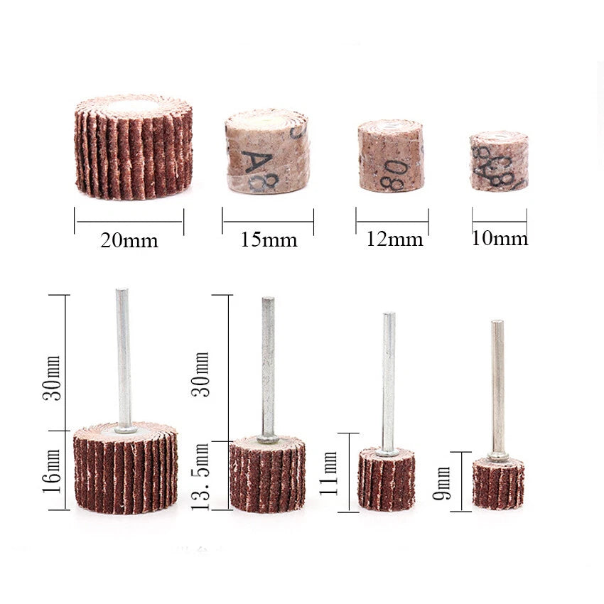 10-20mm Flap Wheel Sanding Discs 80-600 Grit with 3mm Mandrel – Dremel Rotary Tool Polish