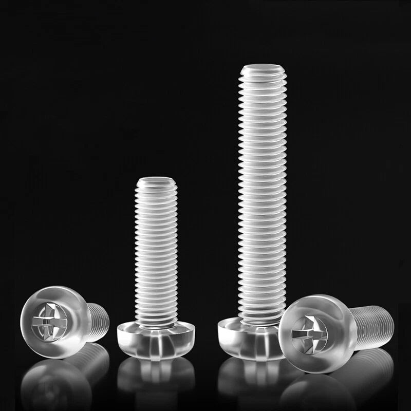 M2–M8 Transparent Plastic Phillips Pan Head Machine Screws – PC Material, Fully Threaded (4–50mm)