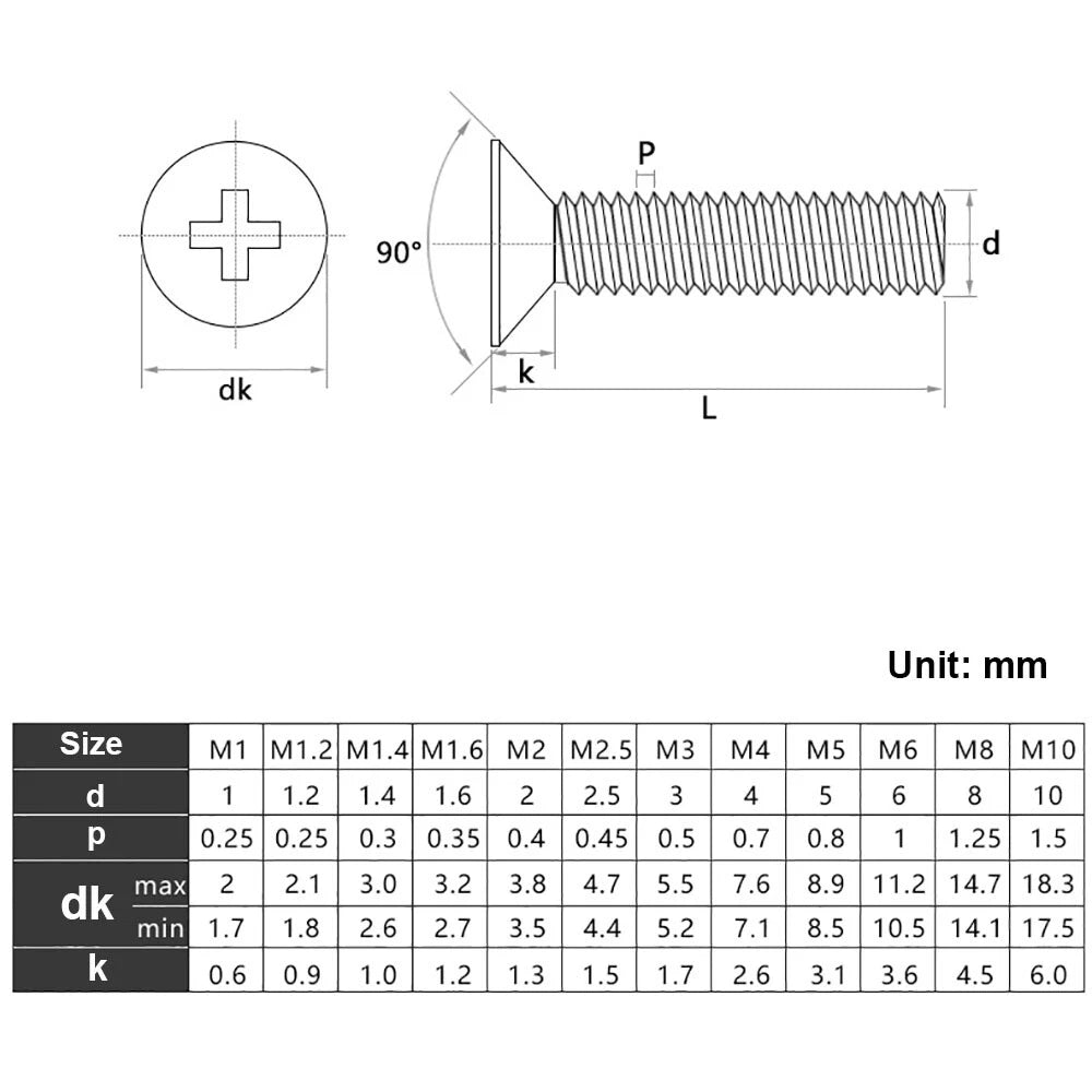 M5 M6 316 Stainless Steel Countersunk Phillips Machine Screws — Flat Head Metric Bolts