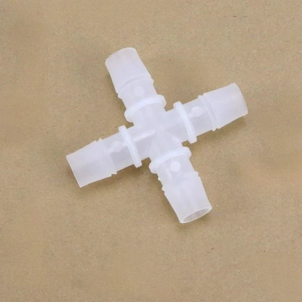 Cross 4-Way Barbed Plastic Hose Joiner Connector | 2.4mm–12.7mm