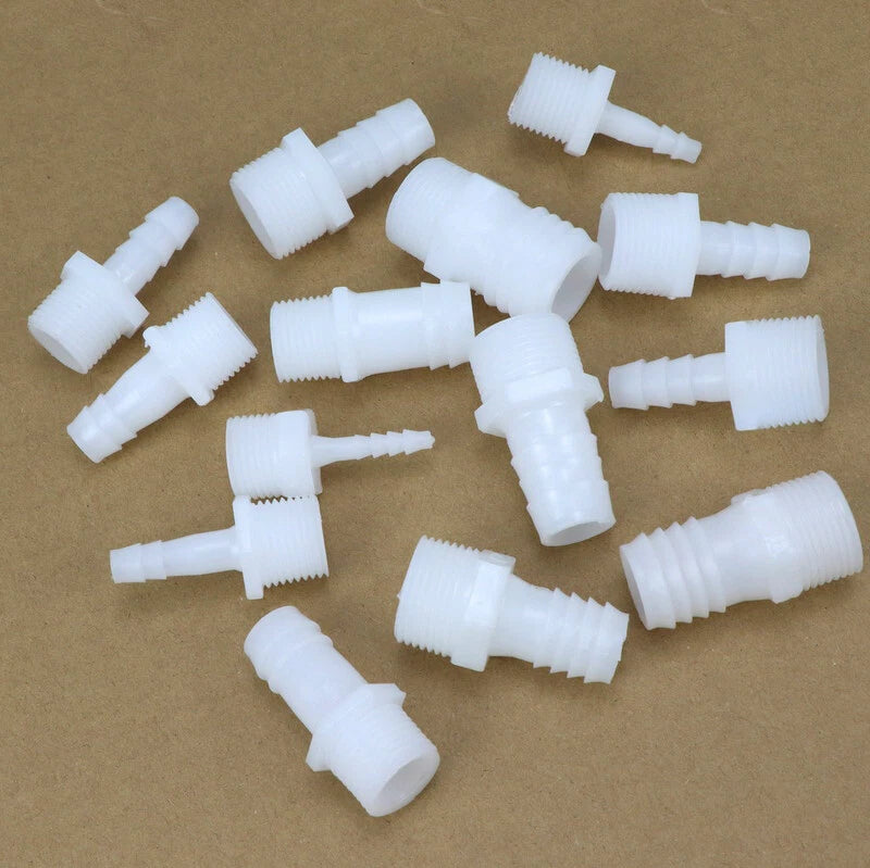 Male Thread Barbed Hose Connector — Straight Plastic Fitting, 1/2" & 3/4" Thread, 4mm–25mm Barb