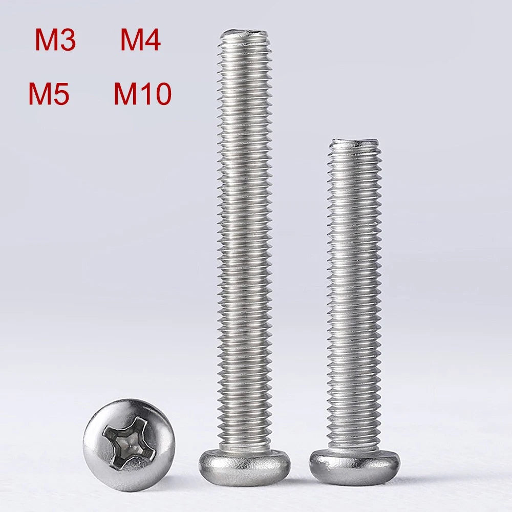 A2 Stainless Steel 304 Phillips Pan Head Screws – M3 M4 M5 M10, Fully Threaded (3–100mm)