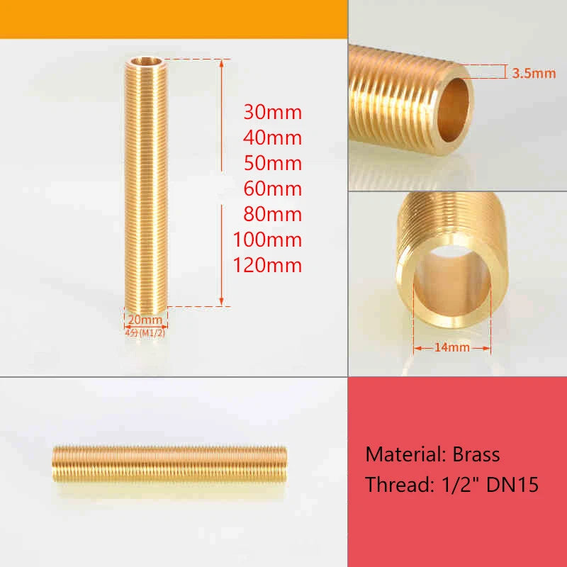1/2" DN15 Male Thread Brass Pipe Extender Nipple | 30mm–120mm