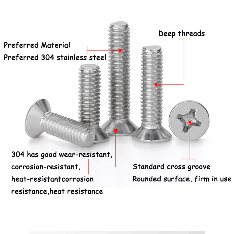 304 Stainless Steel Countersunk Phillips Machine Screws – M3.5 M4 M5 (6–200mm Length Under Head)