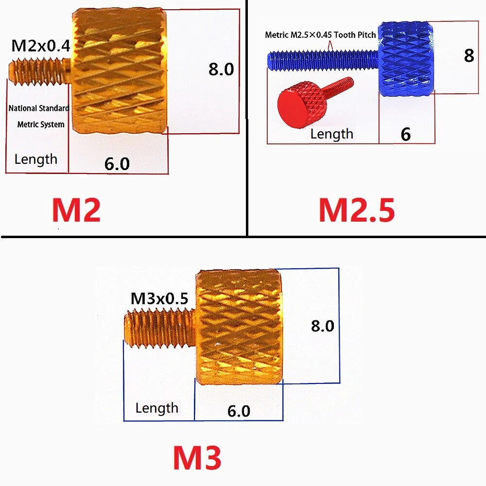Knurled Thumb Screws M2 M2.5 M3 — Aluminum Alloy Hand-Tighten Grip Bolts, Multiple Colors