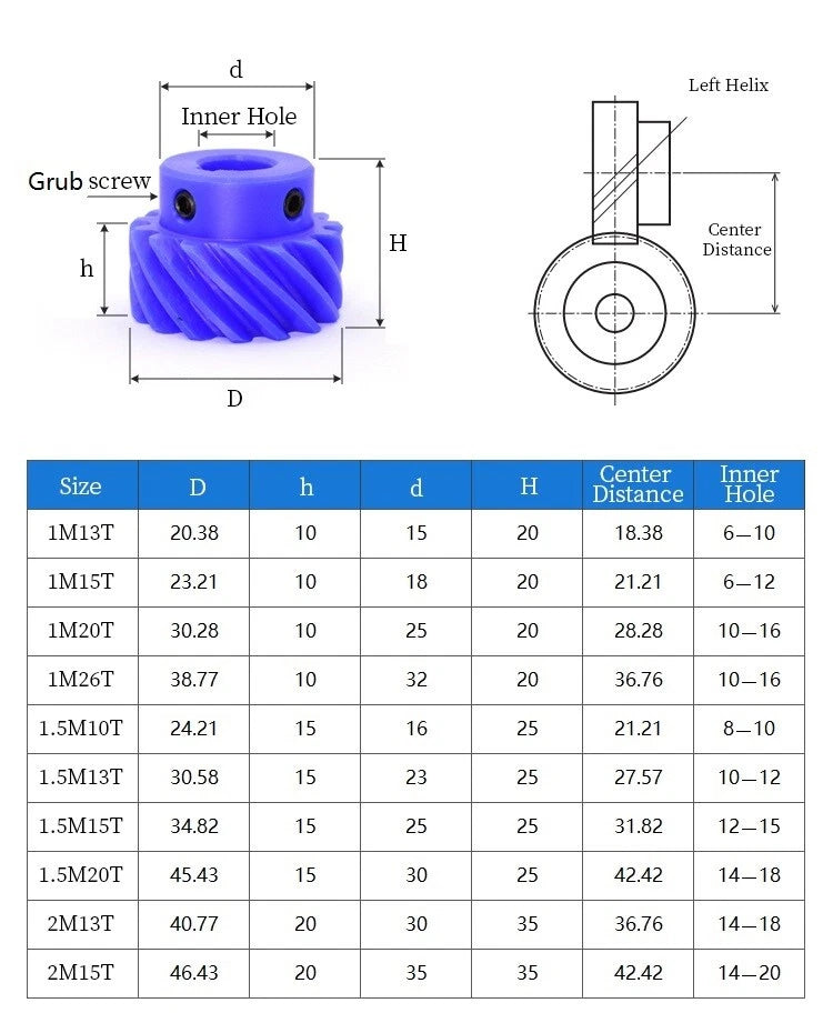 Plastic Helical Gear Mod 1/1.5 /2 45° 13-26 Teeth Nylon Motor Pinion Bore 6-16mm