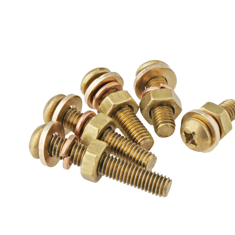 M3 M4 M5 Brass Phillips Pan Head Screws with Washer & Hex Nut – Fully Threaded, Grade 5