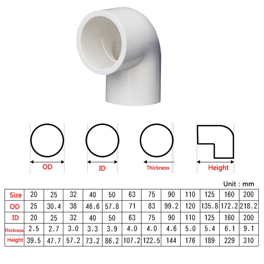 PVC 16mm-200mm ID Equal Water Supply Pipe Elbow Fittings Adapter Connector