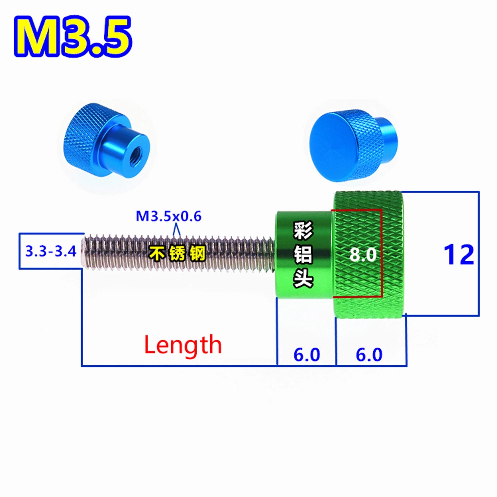 M3.5 Knurled Thumb Screws — A2 Stainless Steel & Anodized Aluminum, Hand-Turn Knob Bolt